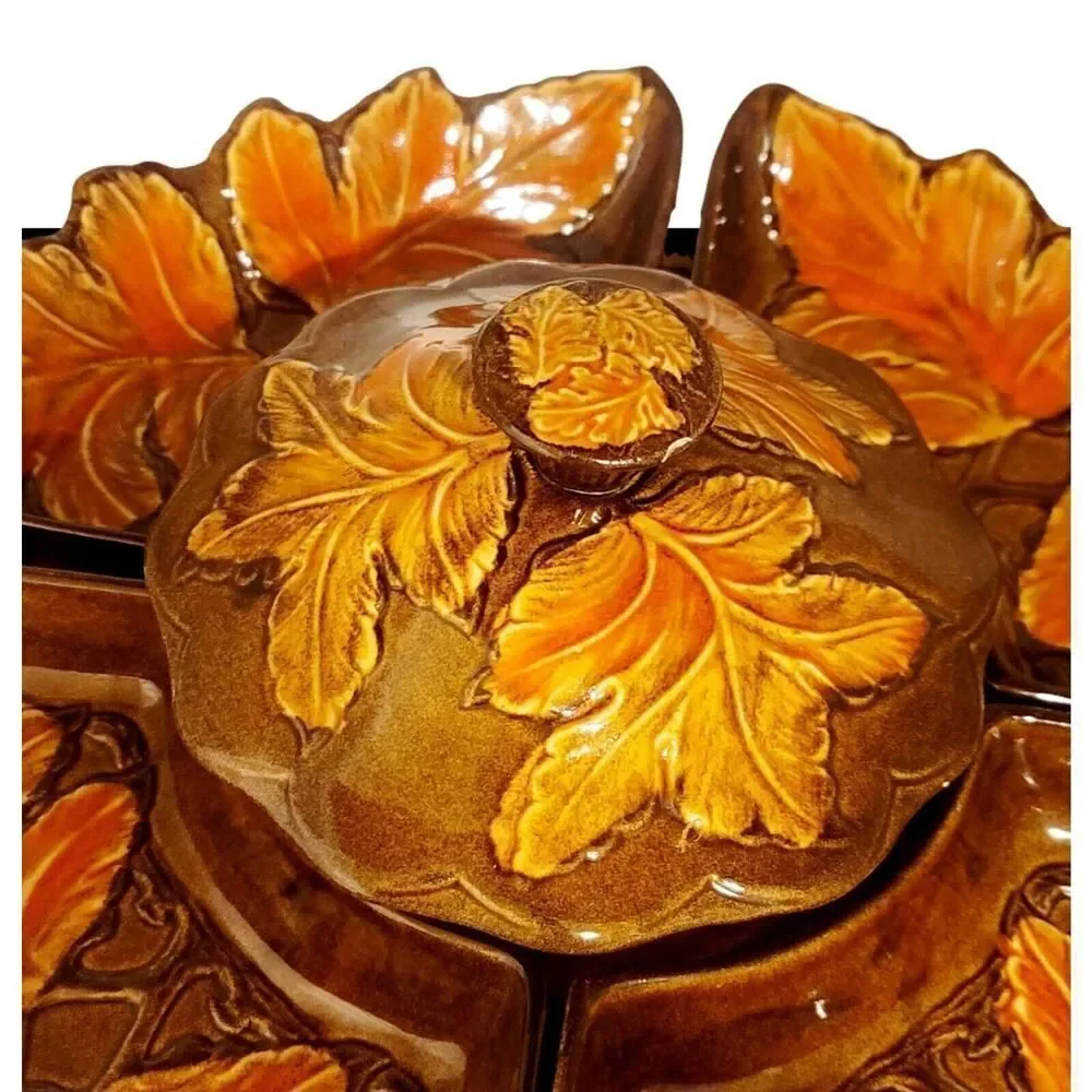7 Pc Vintage Lazy Susan Fall Themed Red‎ Yellow Leaves Pottery Serving Set USA
